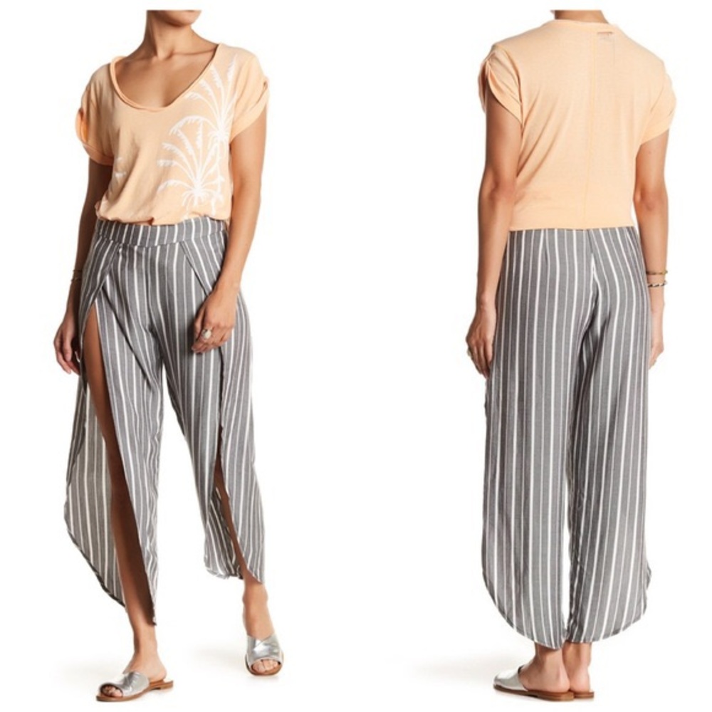 Free People Side Slit Gray Pants White Stripes